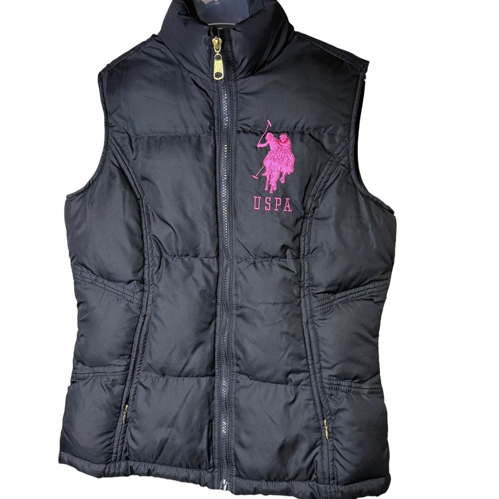 U.S. Polo Assn. Black Puffer Vest with Hot Pink Logo - Women's‎ Size M